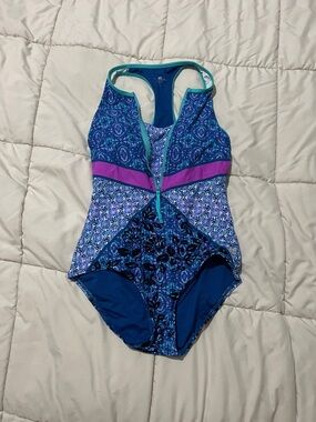 Blue Purple Floral Front-Zip One-Piece Swimsuit